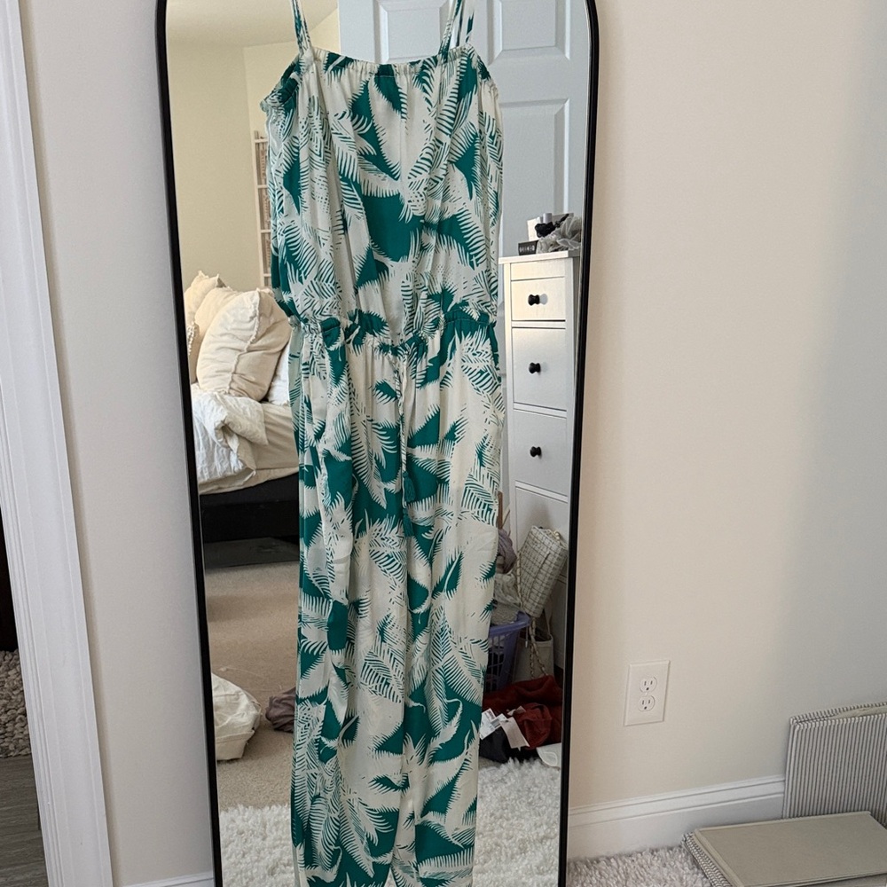 J. Crew Factory Green and Cream Tropical Print Jumpsuit